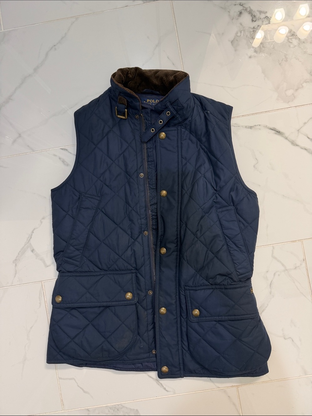 Polo by Ralph Lauren Navy Quilted Vest with Corduroy Trim Small